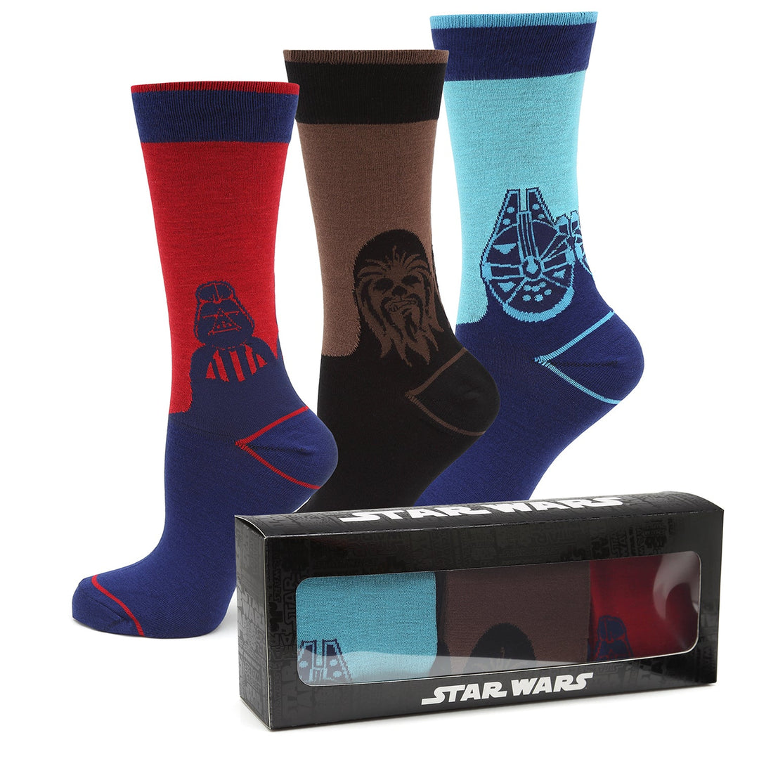 Star Wars Mod Alliance Gift Set containing three pairs of crew socks featuring Darth Vader, Chewbacca, and Millennium Falcon designs, displayed with their branded box.