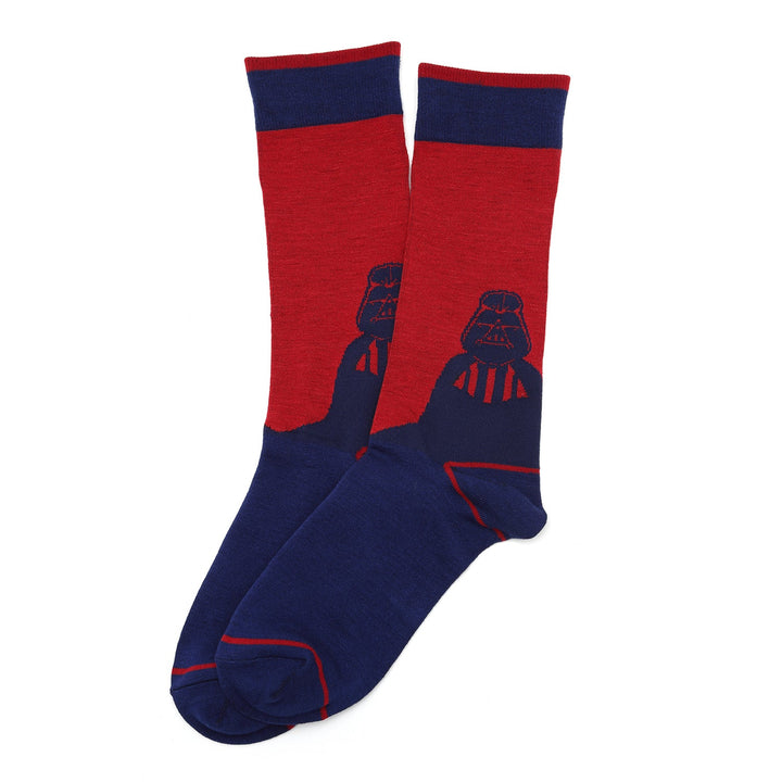 A pair of red and navy blue Star Wars Mod Alliance Gift Set socks featuring a dark silhouette of Darth Vader.