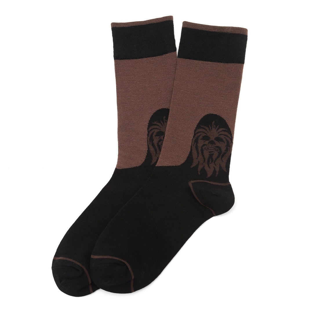 A pair of brown and black Star Wars Mod Alliance Gift Set socks featuring a Chewbacca graphic.