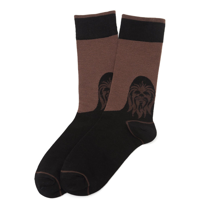 A pair of brown and black Star Wars Mod Alliance Gift Set socks featuring a Chewbacca graphic.