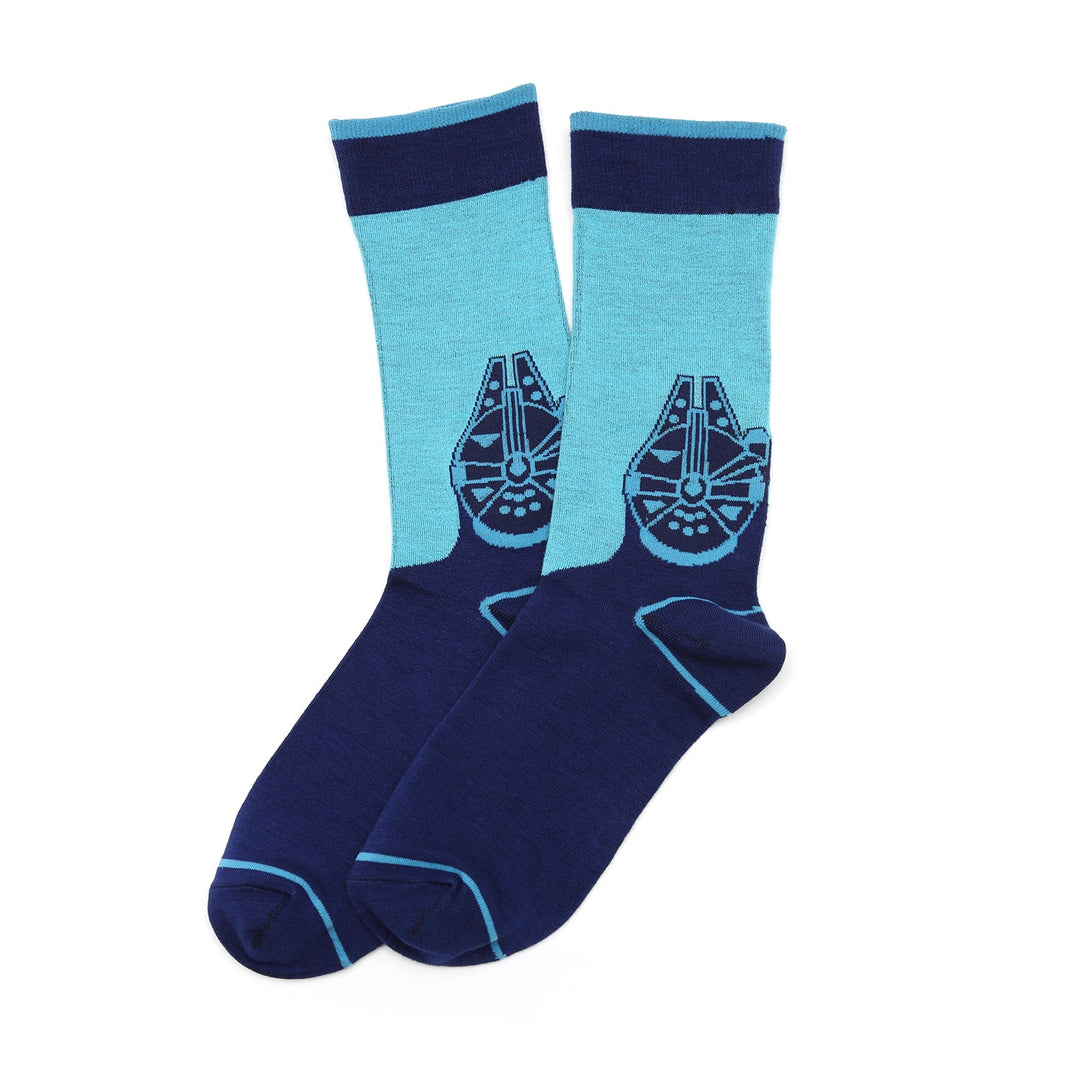 Two-tone blue Star Wars Mod Alliance Gift Set crew socks featuring a Millennium Falcon graphic.