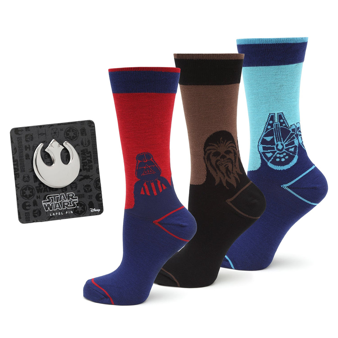 Star Wars Mod Alliance Gift Set featuring three pairs of Star Wars socks with Darth Vader, Chewbacca, and the Millennium Falcon, plus a metal Rebel Alliance lapel pin on a display card.