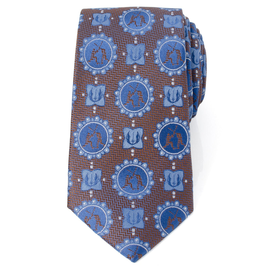 Brown Star Wars Obi-Wan Kenobi and Anakin Skywalker LIGHTSABER Battle Blue Tie featuring a repeating pattern of circular lightsaber dueling icons and Jedi-related emblems.