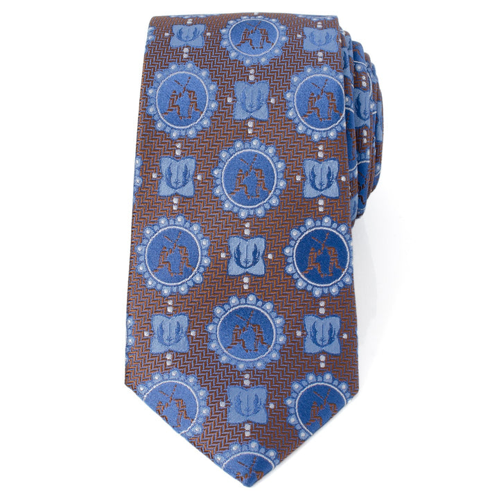 Brown Star Wars Obi-Wan Kenobi and Anakin Skywalker LIGHTSABER Battle Blue Tie featuring a repeating pattern of circular lightsaber dueling icons and Jedi-related emblems.