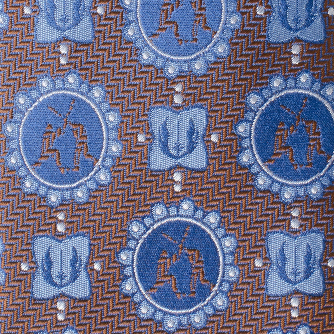 Blue silk Star Wars Obi-Wan Kenobi and Anakin Skywalker LIGHTSABER Battle Blue Tie with a brown herringbone pattern, embroidered dueling figures, and light blue square emblems.