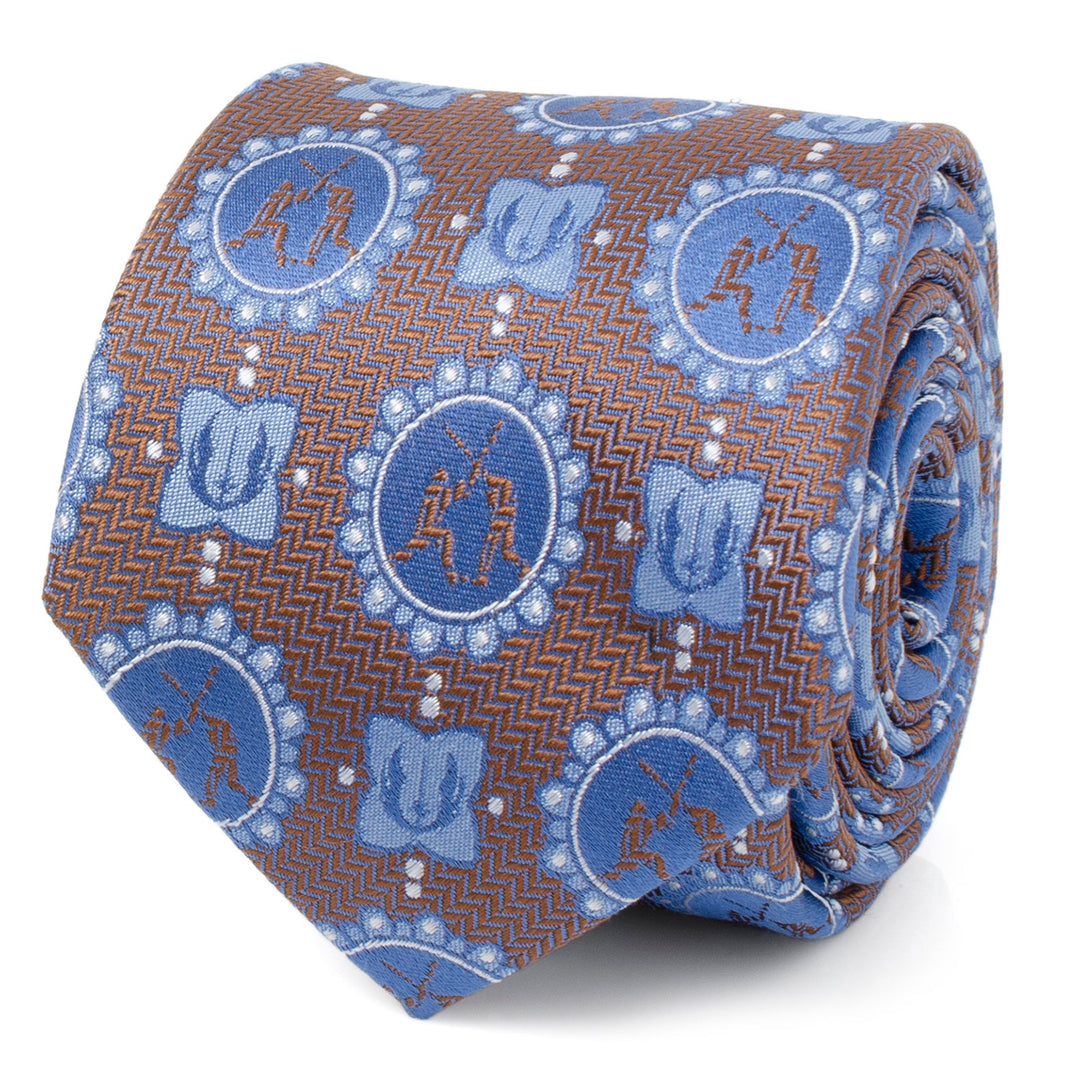 Star Wars Obi-Wan Kenobi and Anakin Skywalker LIGHTSABER Battle Blue Tie with a brown herringbone pattern featuring repeated icons of dueling figures and emblem silhouettes.