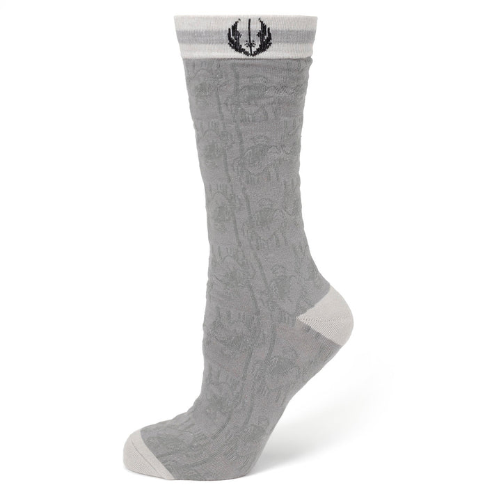 Star Wars Obi-Wan Kenobi Gray Socks and Lapel Pin Gift Set featuring gray crew socks with a repeating Obi-Wan Kenobi character pattern and a symbol on the cuff.