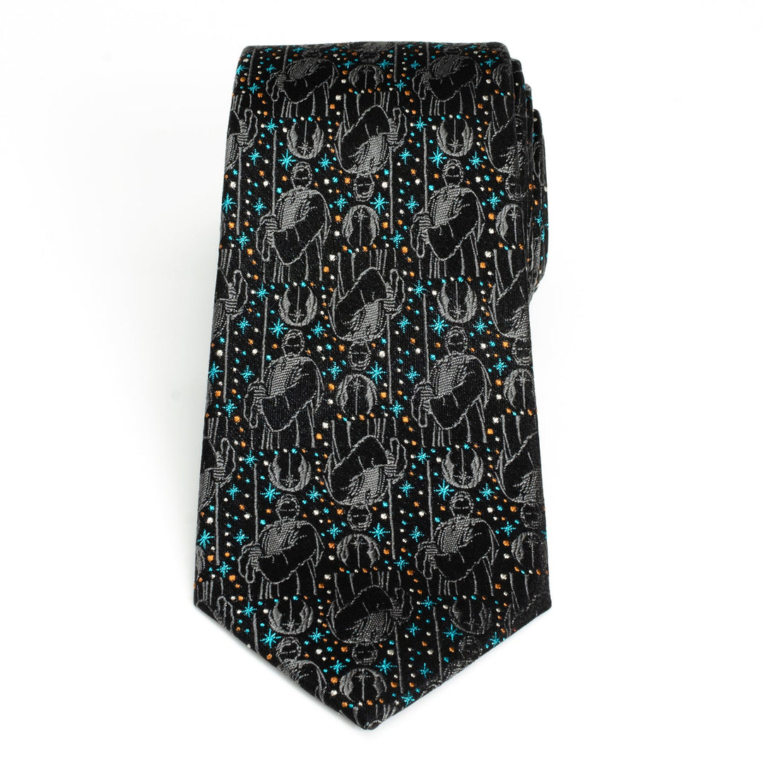 Star Wars Obi-Wan Kenobi Gray Tie featuring a repeating pattern of Kenobi silhouettes, Jedi symbols, and small starbursts.