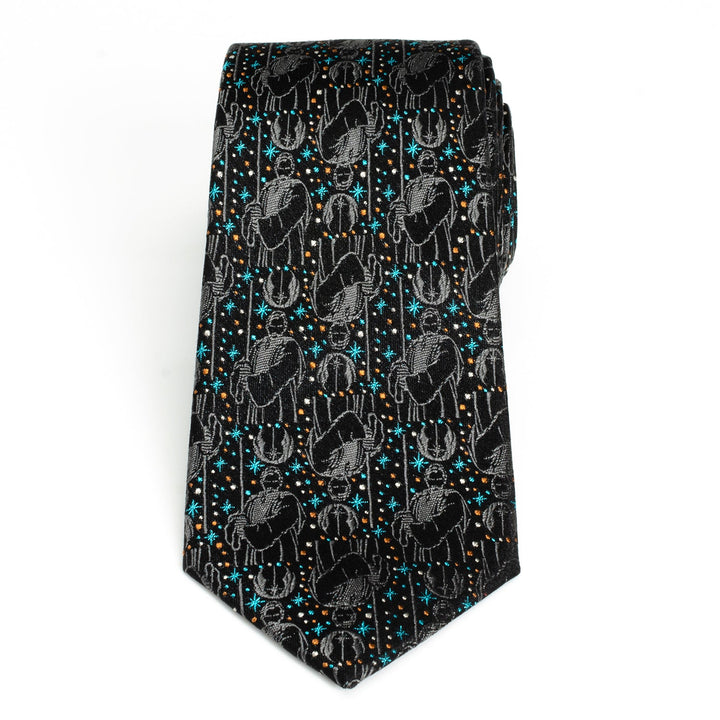 Star Wars Obi-Wan Kenobi Gray Tie featuring a repeating pattern of Kenobi silhouettes, Jedi symbols, and small starbursts.