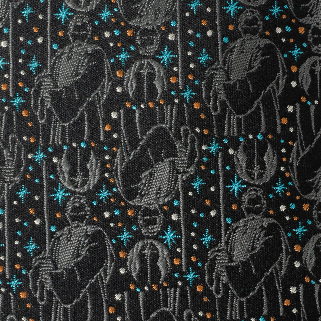 Star Wars Obi-Wan Kenobi Gray Tie featuring a repeating woven pattern of Jedi figures, small starbursts, and circular icons in gray, light blue, and orange on a black background.