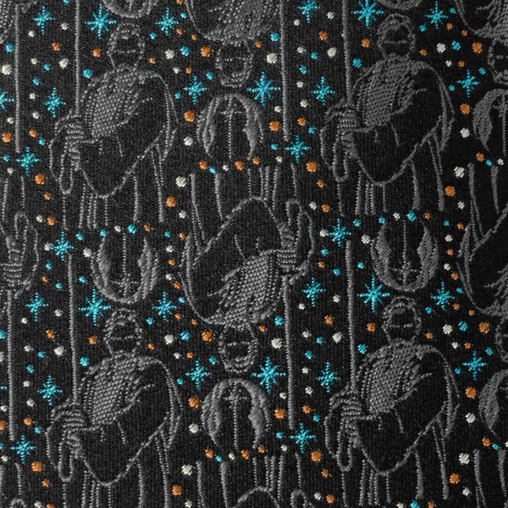 Star Wars Obi-Wan Kenobi Gray Tie featuring a repeating woven pattern of Jedi figures, small starbursts, and circular icons in gray, light blue, and orange on a black background.