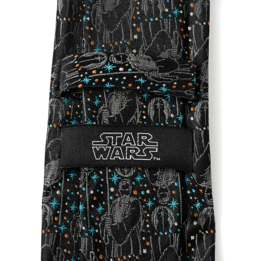 Star Wars Obi-Wan Kenobi Gray Tie in black silk featuring Obi-Wan Kenobi silhouettes, blue and orange accents, and a label on the back keeper loop.