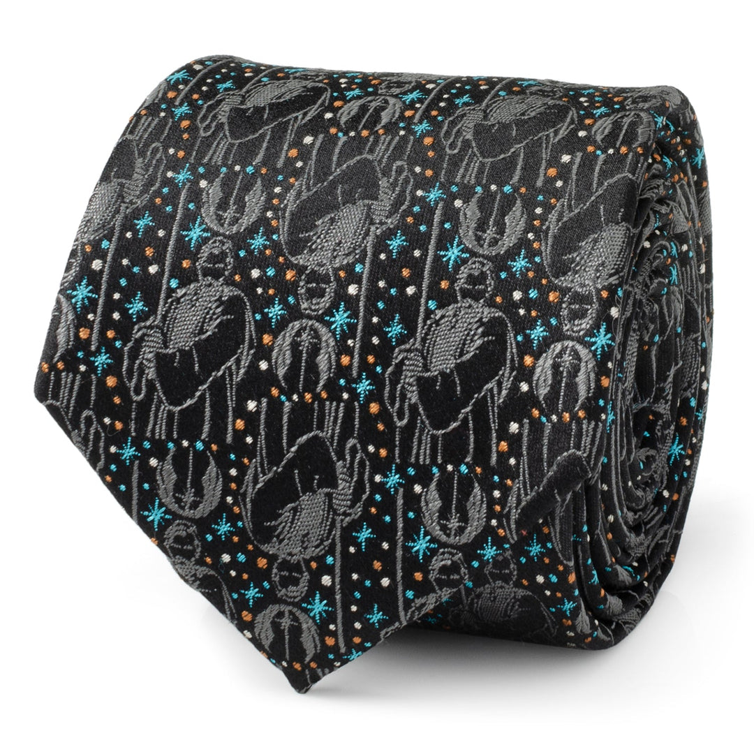 A rolled charcoal gray Star Wars Obi-Wan Kenobi Gray Tie by Cufflinks.com, featuring a repeating pattern of Obi-Wan Kenobi silhouettes, Jedi symbols, and small blue and orange starbursts.
