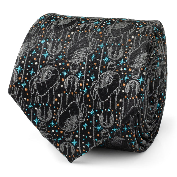 A rolled charcoal gray Star Wars Obi-Wan Kenobi Gray Tie by Cufflinks.com, featuring a repeating pattern of Obi-Wan Kenobi silhouettes, Jedi symbols, and small blue and orange starbursts.