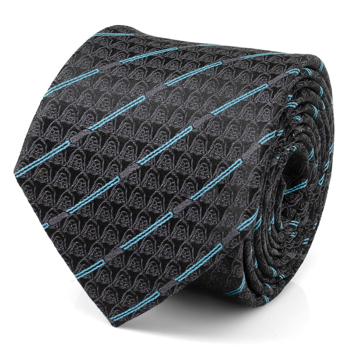 Rolled black Star Wars Obi-Wan Kenobi LIGHTSABER Pattern Black Tie featuring a repeating pattern of Darth Vader helmets and diagonal blue lightsaber lines.
