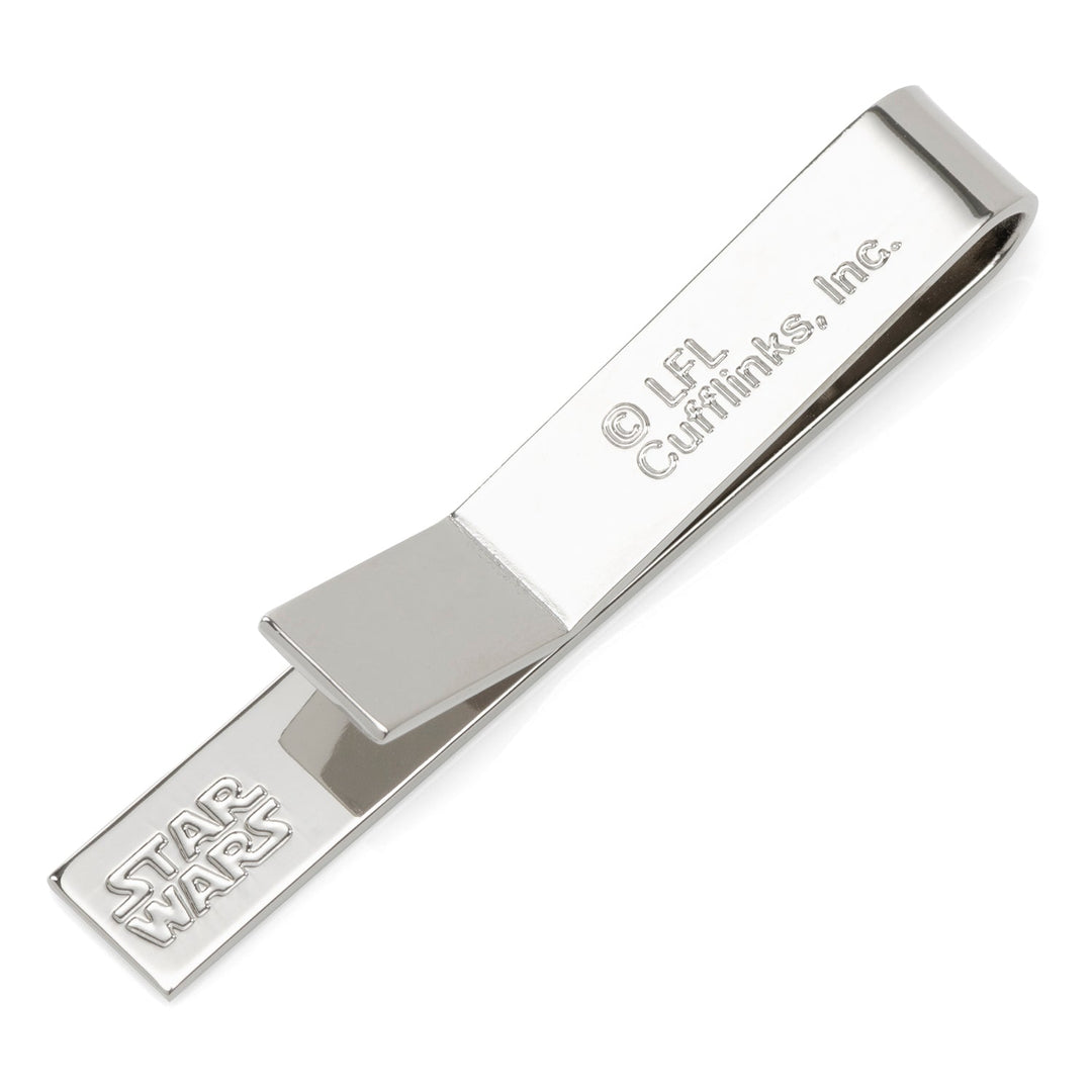 Silver-toned Star Wars Stormtrooper Pew Pew Pew Tie Bar with the logo engraved at one end and copyright text on the clip.