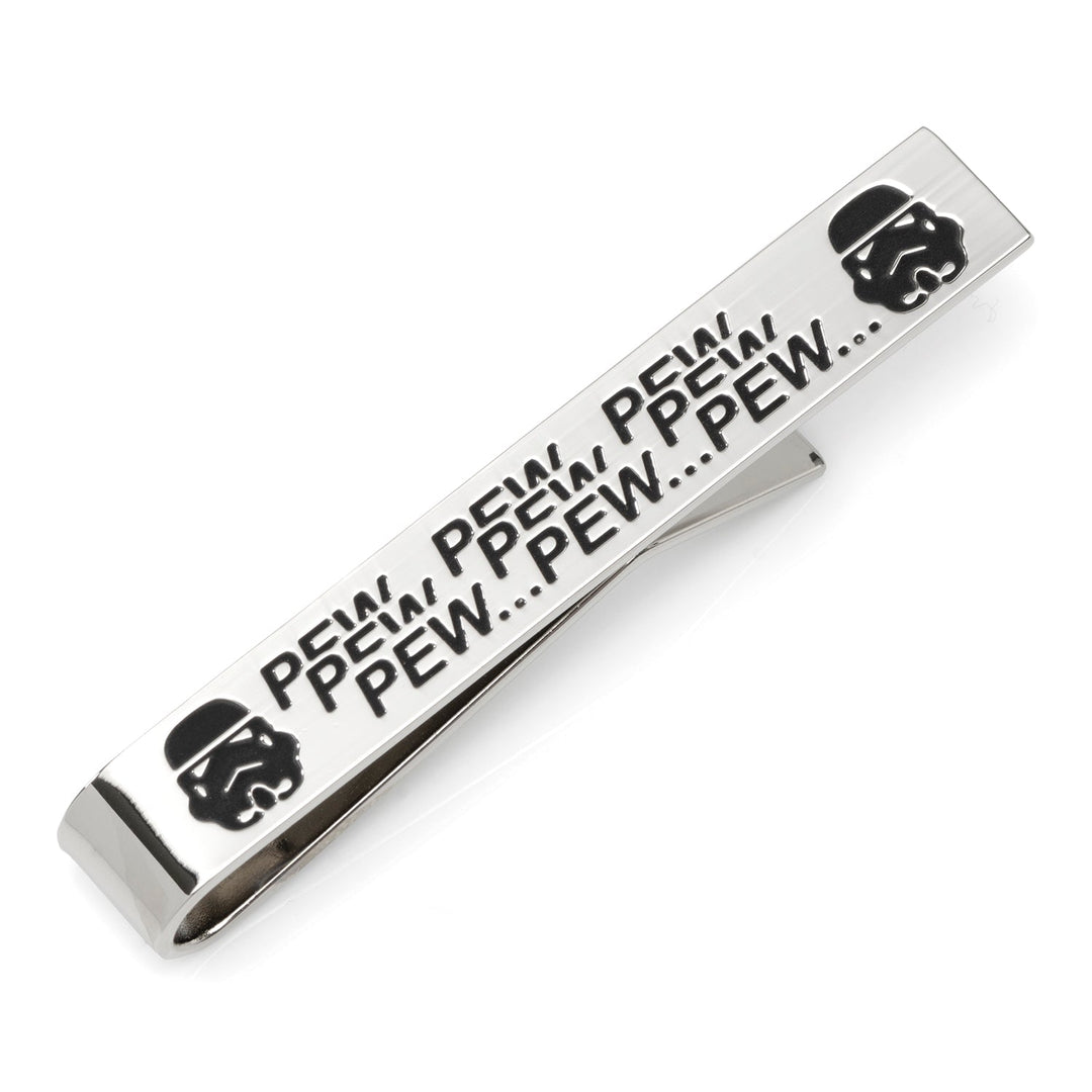 Star Wars Stormtrooper Pew Pew Pew Tie Bar featuring black Stormtrooper helmet icons on both ends and the repeated text “PEW...PEW...PEW...” in the center.