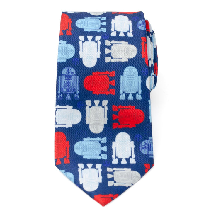 Star Wars R2-D2 Red, White, and Blue Tie featuring a dark blue background patterned with red, white, and light blue R2-D2 droid icons.