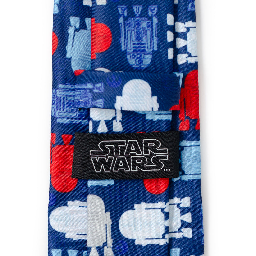 Star Wars R2-D2 Red, White, and Blue Tie featuring a repeating pattern of robots in red, white, and light blue, with a black Star Wars logo label sewn on the back.