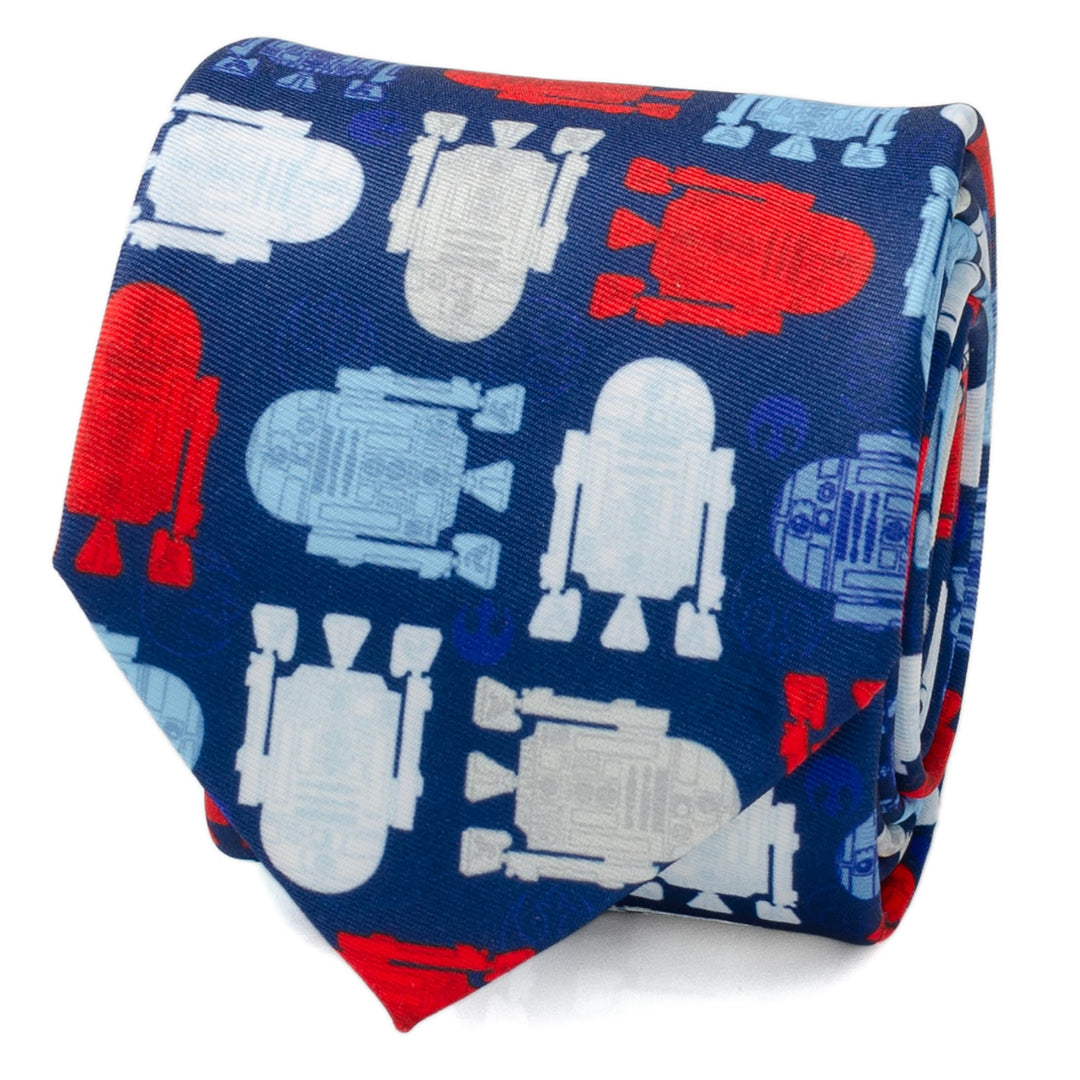 Rolled dark blue Star Wars R2-D2 Red, White, and Blue Tie featuring a repeating pattern of R2-D2 droids in red, white, and light blue.