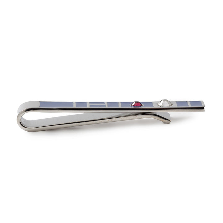 Star Wars R2-D2 Blue Tie Bar in silver with blue enamel detailing and two small circular insets in red and clear.