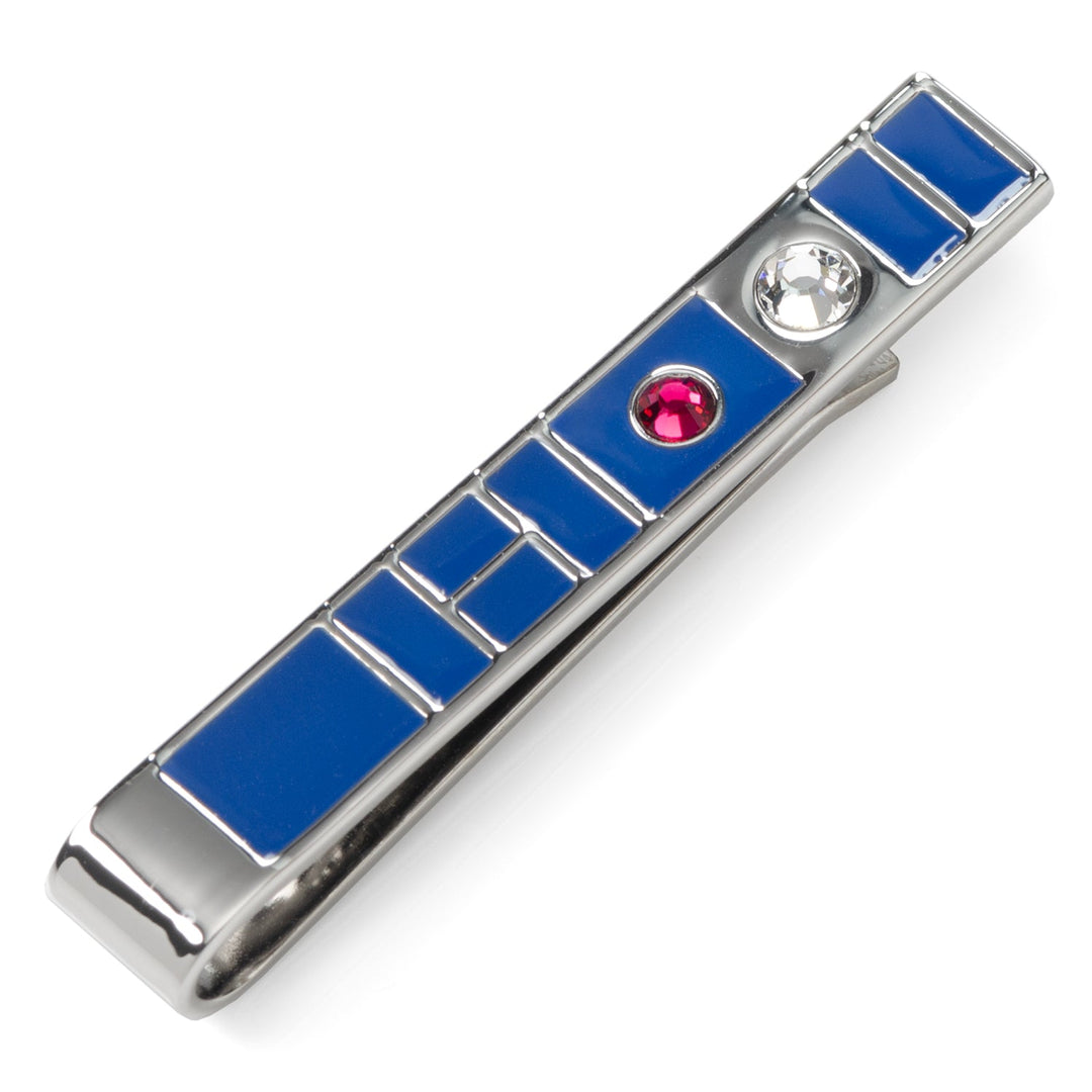 Star Wars R2-D2 Blue Tie Bar in silver-toned metal with blue enamel rectangular accents, a red circular stone, and a clear circular stone.