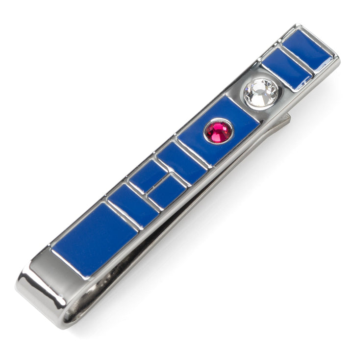 Star Wars R2-D2 Blue Tie Bar in silver-toned metal with blue enamel rectangular accents, a red circular stone, and a clear circular stone.