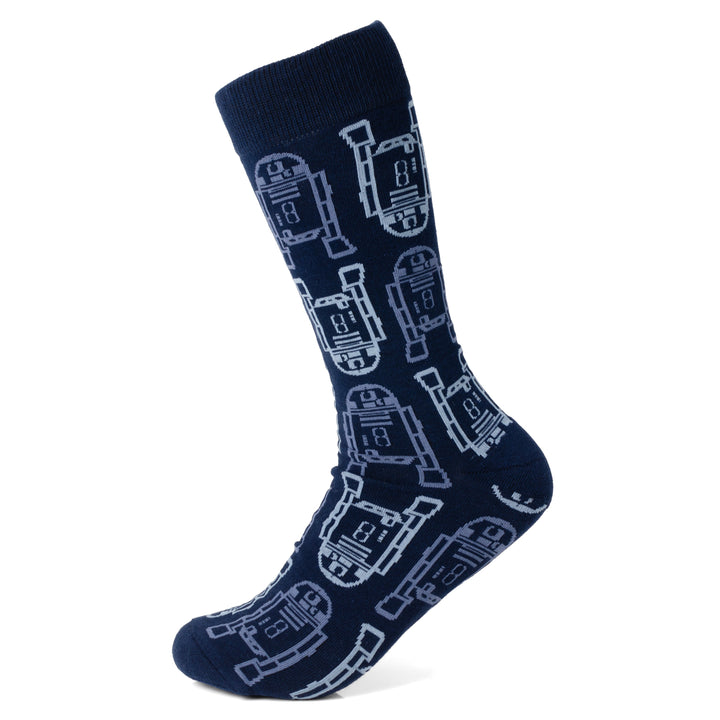 Navy blue Star Wars R2-D2 Light and Dark Blue Dress Socks and Lapel Pin Gift Set featuring a repeating light blue R2-D2 droid pattern.