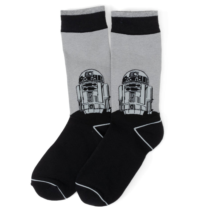 Star Wars R2-D2 Men’s Gray and Black Mod Dress Socks and Lapel Pin Gift Set featuring gray and black socks with an illustration of the iconic droid.