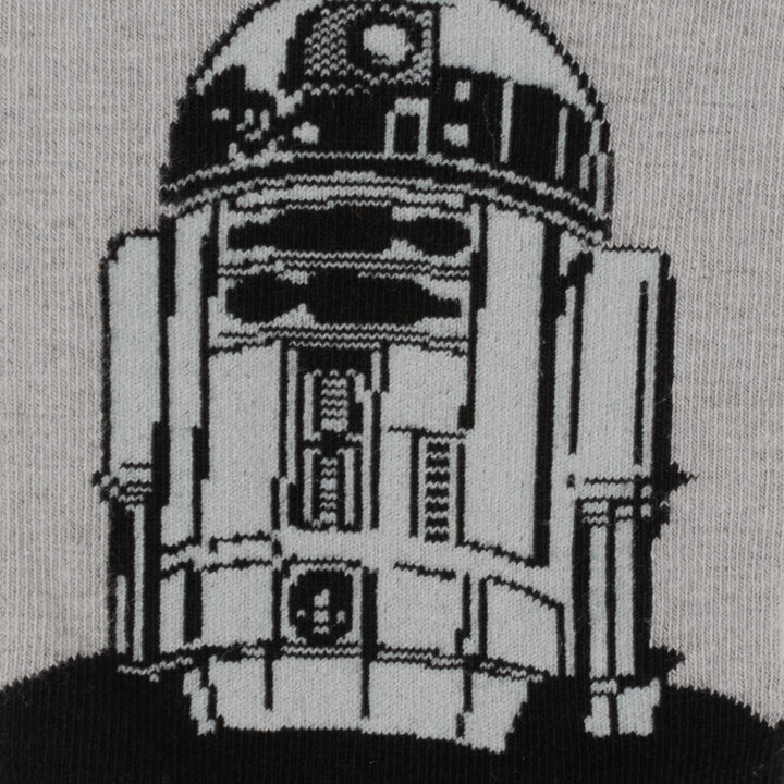 Gray and black knit Star Wars R2-D2 Men’s Gray and Black Mod Dress Socks and Lapel Pin Gift Set featuring a graphic of the iconic droid.