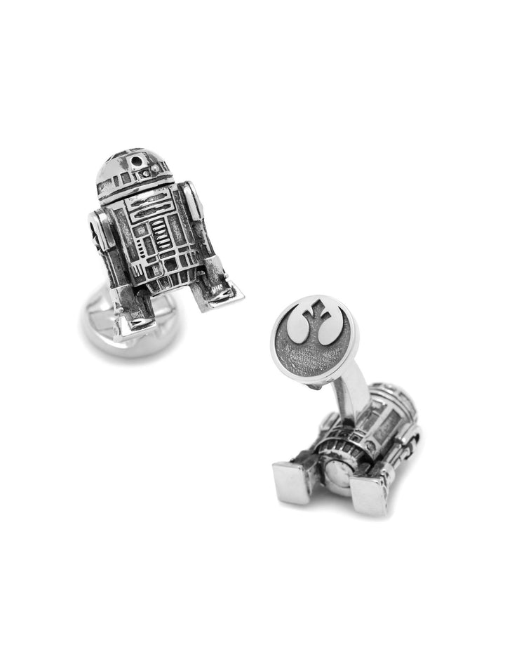 Star Wars R2-D2 3D Cufflinks in silver-tone, with one showing the Rebel Alliance starbird symbol on its backing.