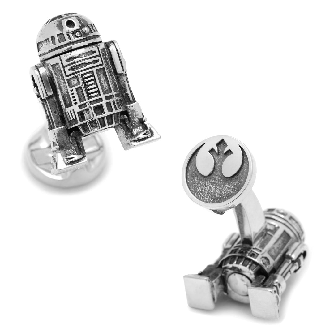 Star Wars R2-D2 3D Cufflinks featuring two silver 3D replicas with the Rebel Alliance symbol embossed on the circular backings.