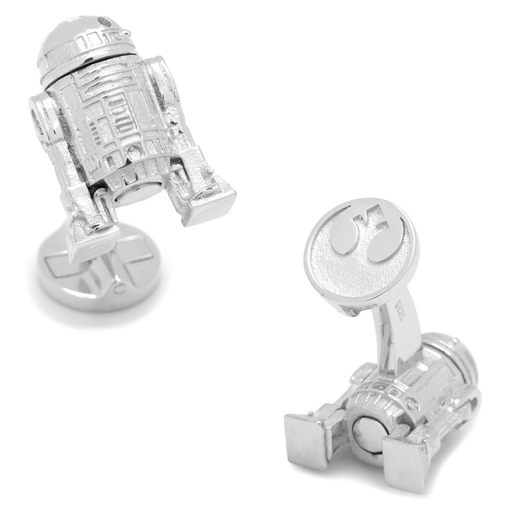 Star Wars R2-D2 Sterling Silver 3D Cufflinks, with one displaying the Rebel Alliance logo on the round toggle back.