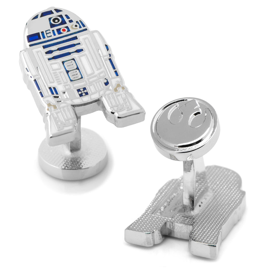 Star Wars R2-D2 Cufflinks featuring an R2-D2 robot and a circular Rebel Alliance logo.