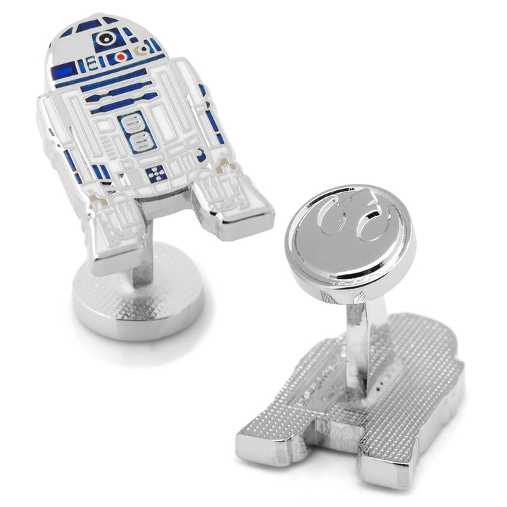 Star Wars R2-D2 Cufflinks featuring an R2-D2 robot and a circular Rebel Alliance logo.