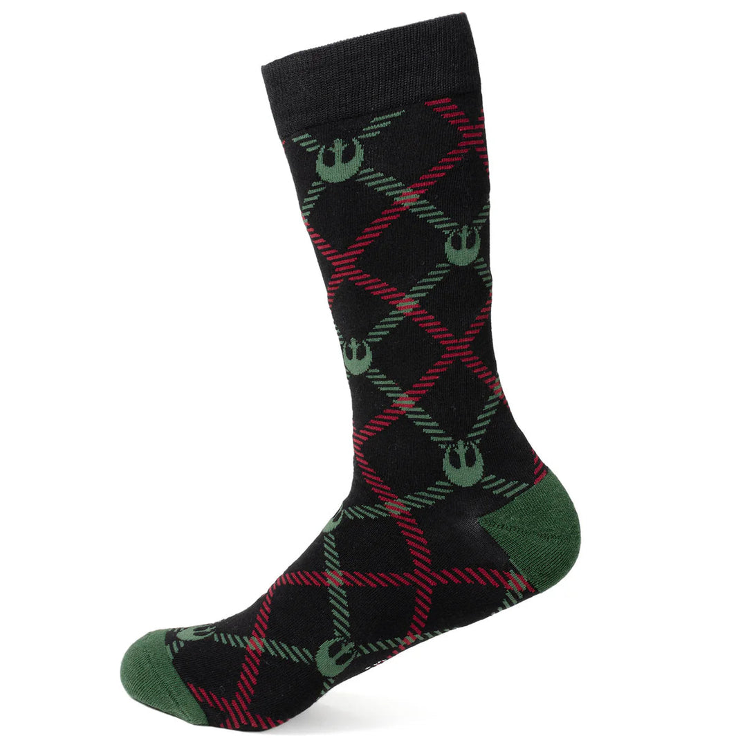 Star Wars Rebel Alliance Dress Socks and Lapel Pin Gift Set featuring black socks with a red and green plaid pattern and the Rebel Alliance Starbird symbol.