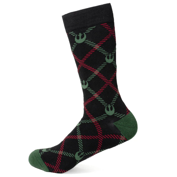 Star Wars Rebel Alliance Dress Socks and Lapel Pin Gift Set featuring black socks with a red and green plaid pattern and the Rebel Alliance Starbird symbol.