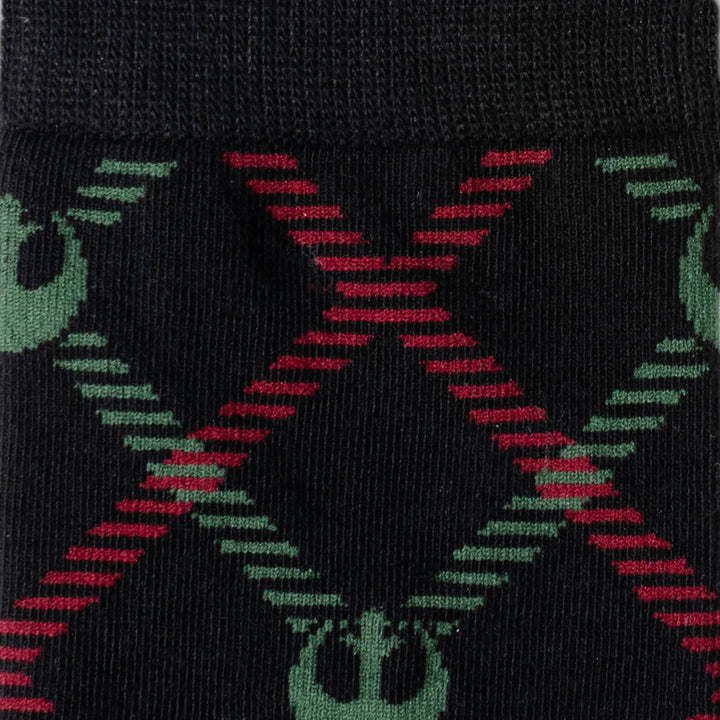 Star Wars Rebel Alliance Dress Socks and Lapel Pin Gift Set featuring black socks with a red argyle pattern and green Rebel Alliance insignia icons.