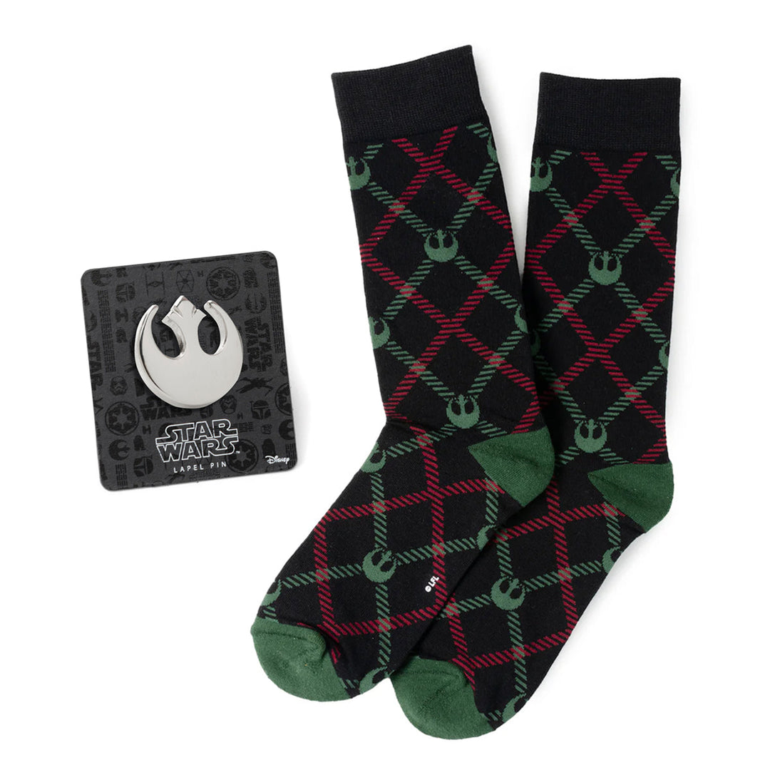 Star Wars Rebel Alliance Dress Socks and Lapel Pin Gift Set featuring black socks with a red and green plaid pattern, Rebel Alliance logos, and a silver-toned Rebel Alliance lapel pin.