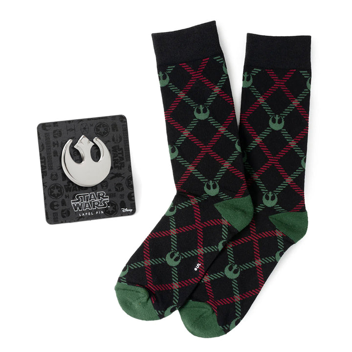 Star Wars Rebel Alliance Dress Socks and Lapel Pin Gift Set featuring black socks with a red and green plaid pattern, Rebel Alliance logos, and a silver-toned Rebel Alliance lapel pin.