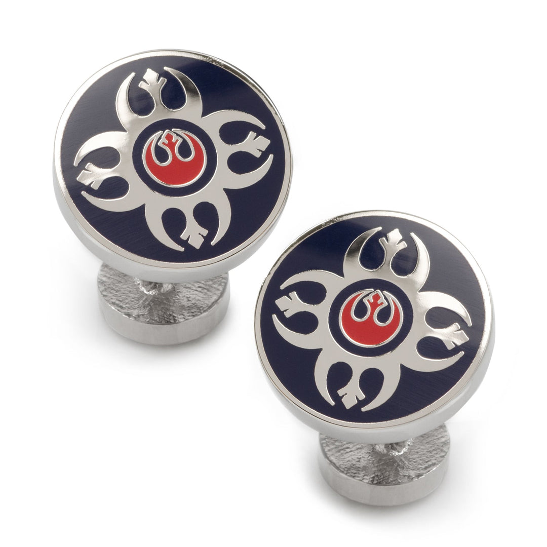Star Wars Rebel Alliance Starbird Crest Blue and Red Cufflinks featuring two round silver cufflinks with a blue background and a central red and silver Rebel Alliance starbird emblem.