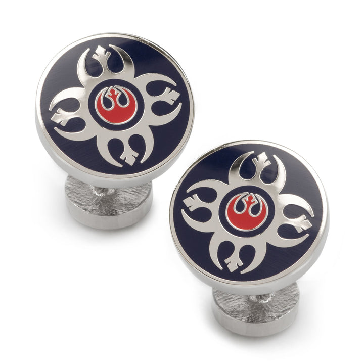 Star Wars Rebel Alliance Starbird Crest Blue and Red Cufflinks featuring two round silver cufflinks with a blue background and a central red and silver Rebel Alliance starbird emblem.