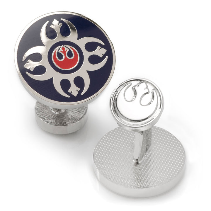 Star Wars Rebel Alliance Starbird Crest Blue and Red Cufflinks: one silver-tone piece features a blue and red starbird crest, while the other is engraved with the same symbol.