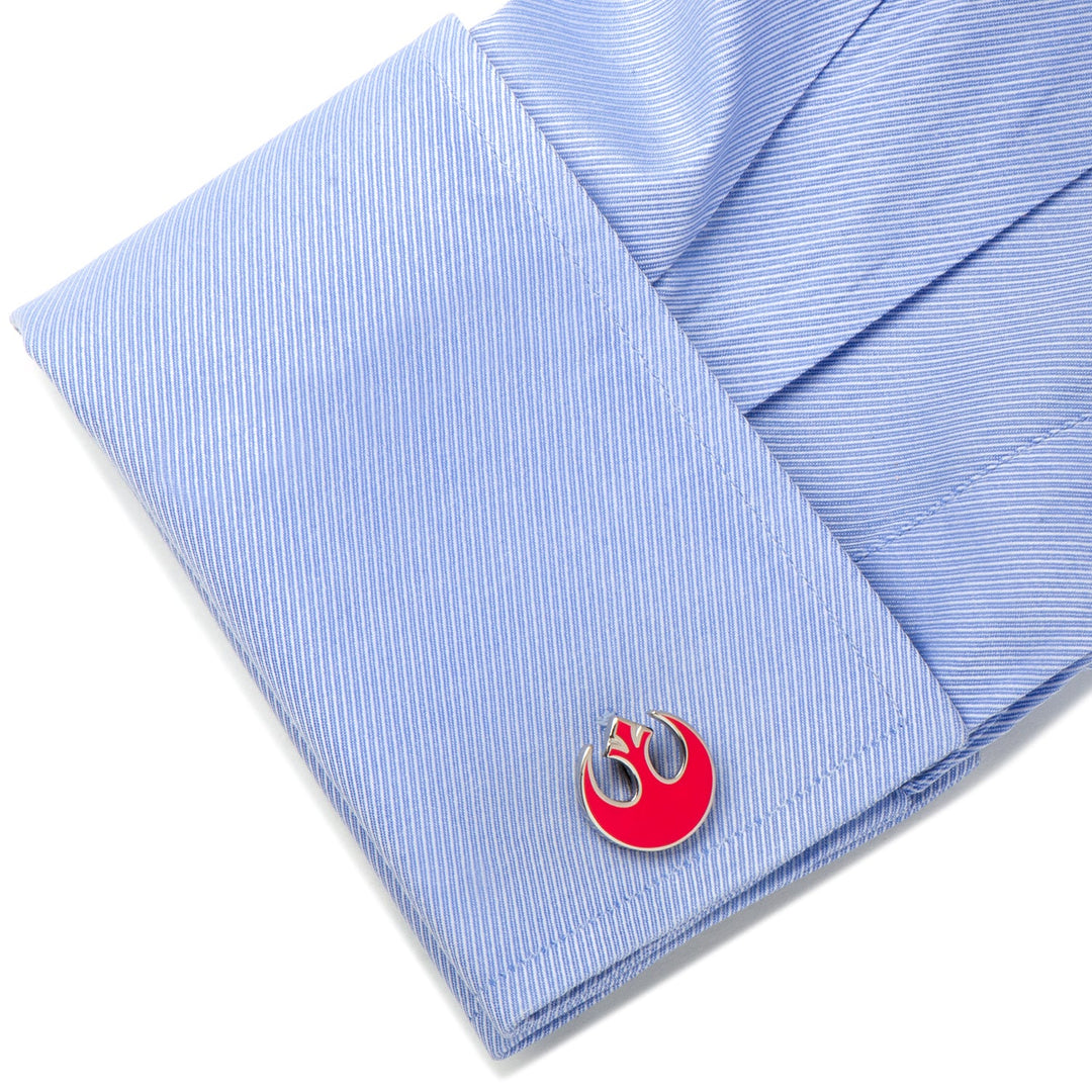 Star Wars Rebel Alliance Starbird Crest Red Cufflinks in red enamel attached to a light blue dress shirt cuff.