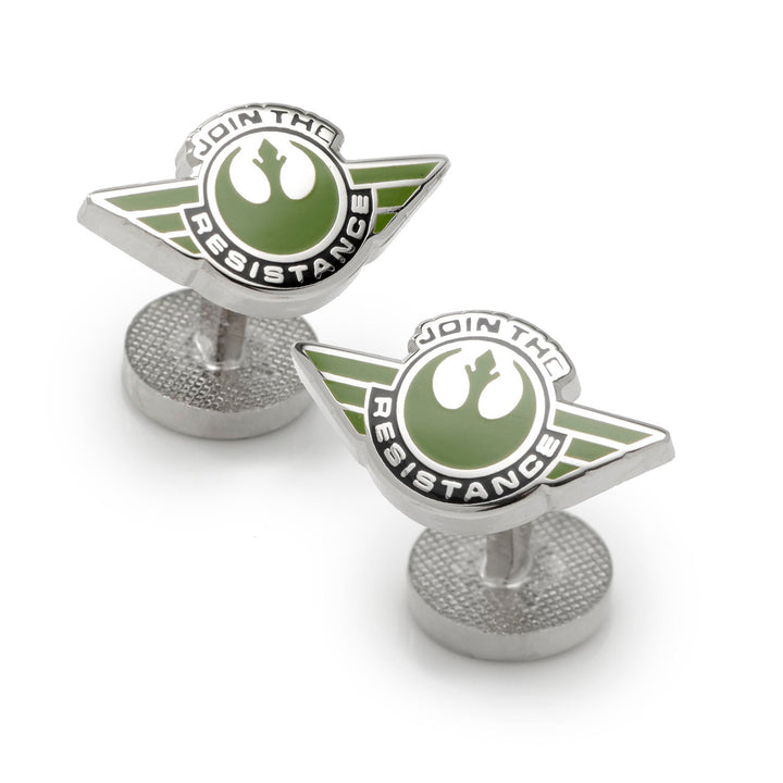 Star Wars Rebel Alliance Starbird Crest Badge Cufflinks in silver-tone, featuring the green and white Starbird crest and the text “Join the Resistance.”
