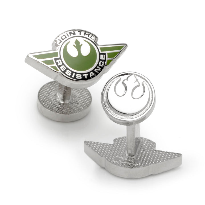 Star Wars Rebel Alliance Starbird Crest Badge Cufflinks featuring two silver pieces: one with a green “JOIN THE RESISTANCE” symbol and the other with an engraved Star Wars crest.