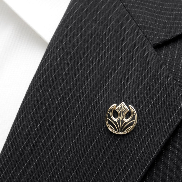 Gold-tone Star Wars Rebel Alliance Starbird Crest Gold Lapel Pin attached to a pinstripe suit jacket lapel as a subtle Resistance icon.