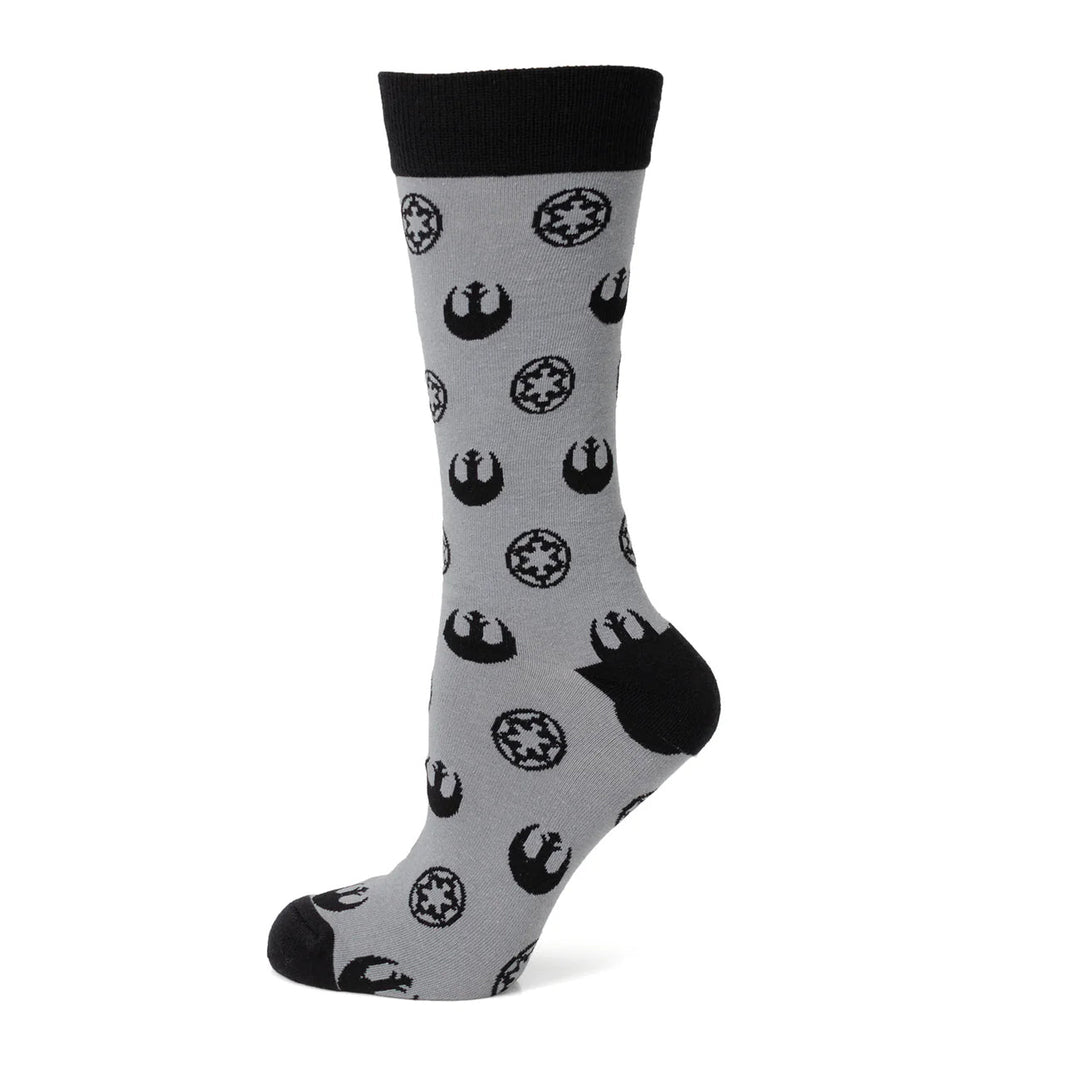 Gray crew sock from the Star Wars Rebel Alliance Starbird Crest and Imperial Crest Gray Dress Socks and Lapel Pin Gift Set, featuring a repeating black pattern with black toe and heel cuffs.