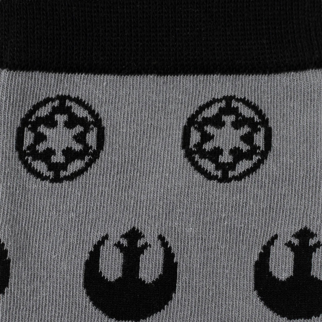 Gray Star Wars Rebel Alliance Starbird Crest and Imperial Crest Gray Dress Socks and Lapel Pin Gift Set socks featuring a repeating pattern of black Imperial crests and Rebel Alliance starbird symbols.