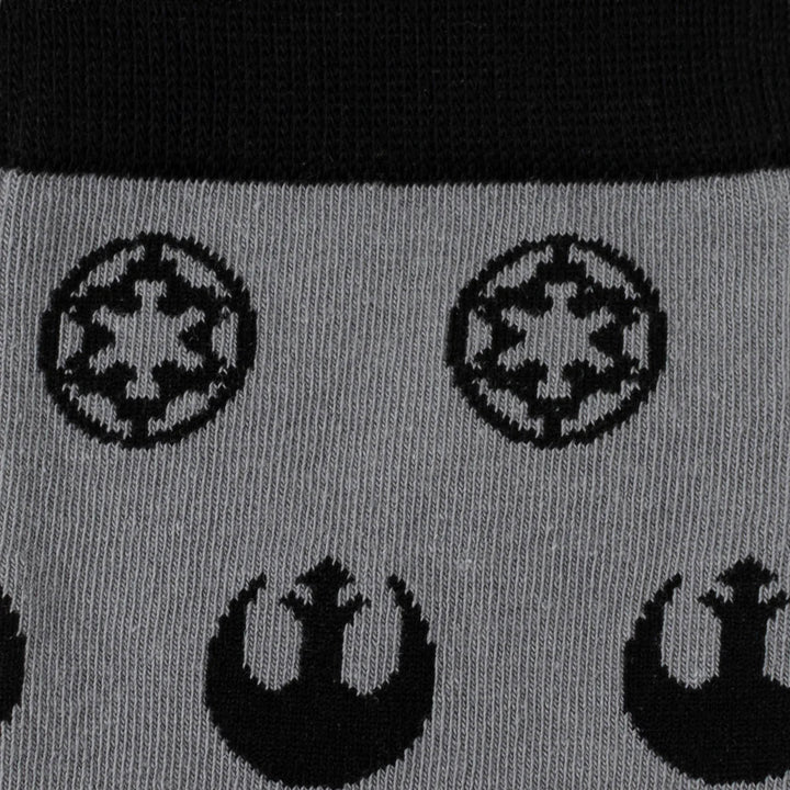 Gray Star Wars Rebel Alliance Starbird Crest and Imperial Crest Gray Dress Socks and Lapel Pin Gift Set socks featuring a repeating pattern of black Imperial crests and Rebel Alliance starbird symbols.